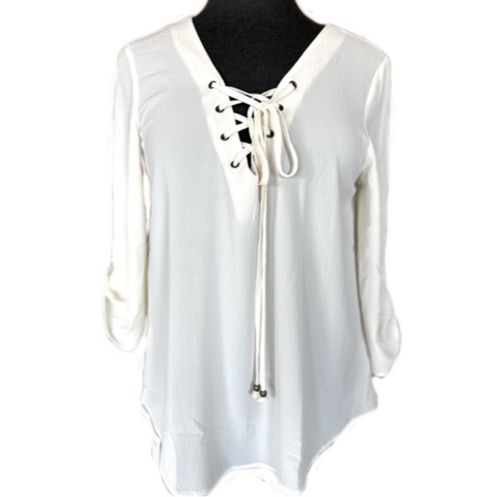 3/$30 ❤️ NWT Mine Ivory Off White Lace up boho blouse top tunic 3/4 sleeves Sz L - Picture 2 of 8